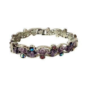 Vintage Silver-Tone Bracelet Purple Flowers Multicolor Rhinestones Floral Design